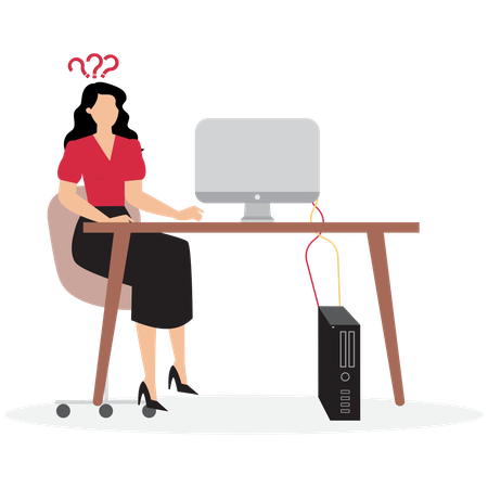 Young woman thinking on computer with doubt question mark  Illustration