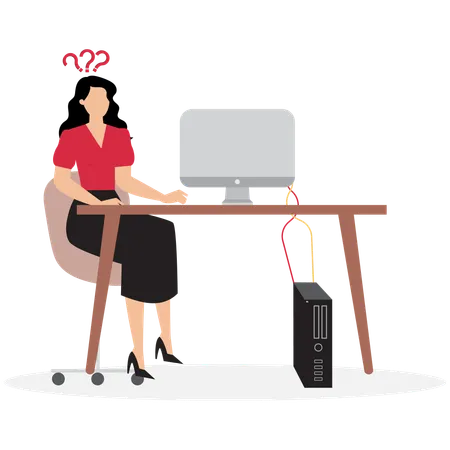 Young woman thinking on computer with doubt question mark  Illustration