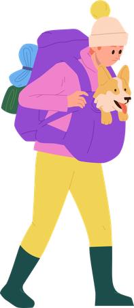 Young woman tourist going winter camping walking with dog in bag  Illustration