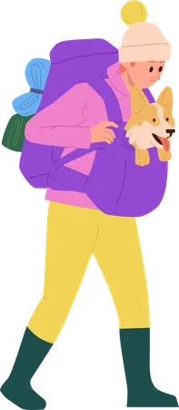 Young woman tourist going winter camping walking with dog in bag  Illustration