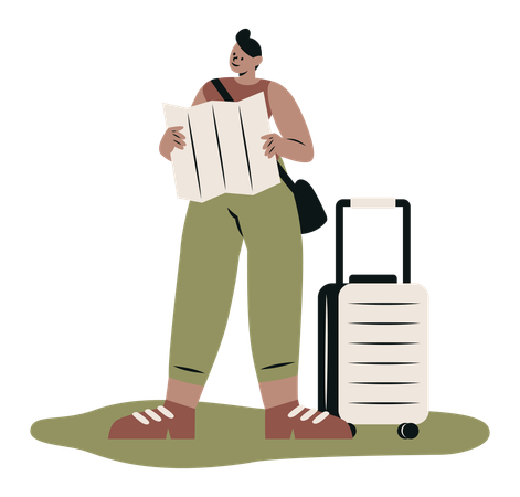 Young Woman Tourist Looking Map Planning  Illustration
