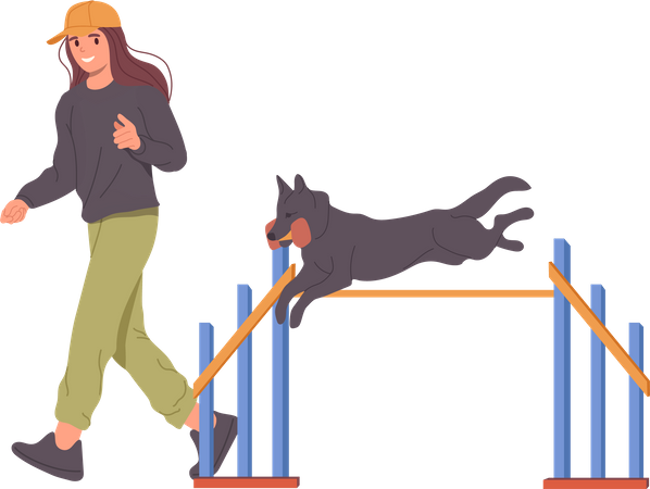 Young woman trainer teaching dog to jump over obstacles conducting agility training exercise  Illustration