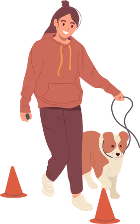 Young woman training dog obedience education  Illustration