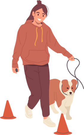 Young woman training dog obedience education  Illustration