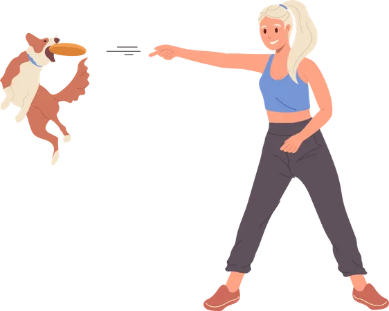Young woman training dog playing with frisbee plate learning fetch bring command  Illustration