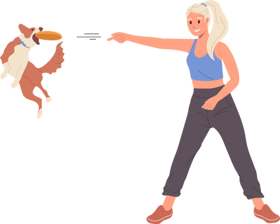 Young woman training dog playing with frisbee plate learning fetch bring command  Illustration