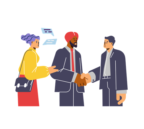 Young woman translator working with men shaking hands  Illustration