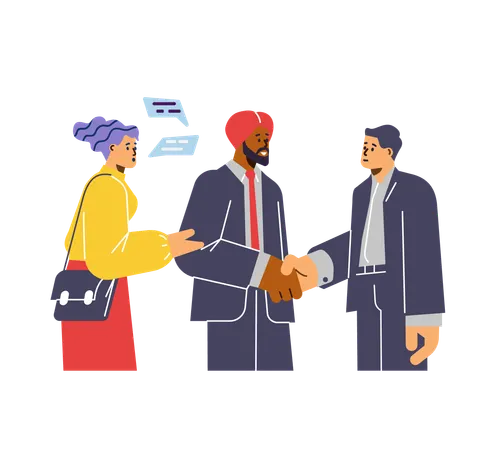 Young woman translator working with men shaking hands  Illustration