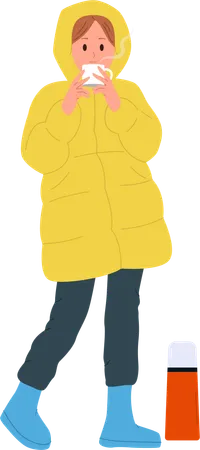 Young woman traveler wearing warm clothes outwear drinking hot tea from thermos  Illustration