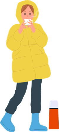 Young woman traveler wearing warm clothes outwear drinking hot tea from thermos  Illustration