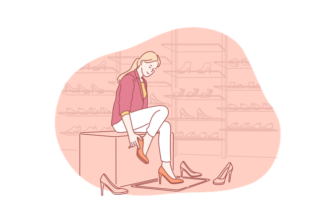 Young woman tries shoes from new collection in fitting room  Illustration