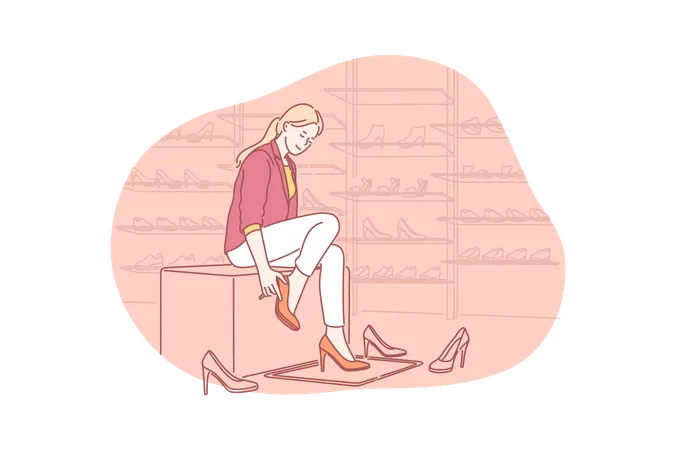 Shopping Fitting Footwear Concept Young Woman Goes Hopping And Tries Shoes From New Collection In Fitting Room Happy Satisfied Girl Consumer Wants To Buy Fashionable Footwear Simple Flat Vector Illustration