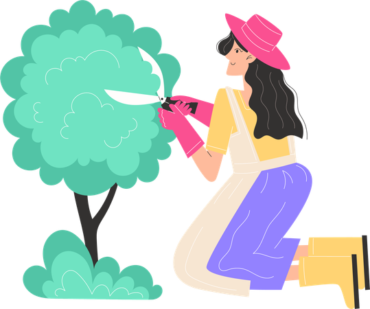 Young woman trims bushes in garden with garden shears  Illustration