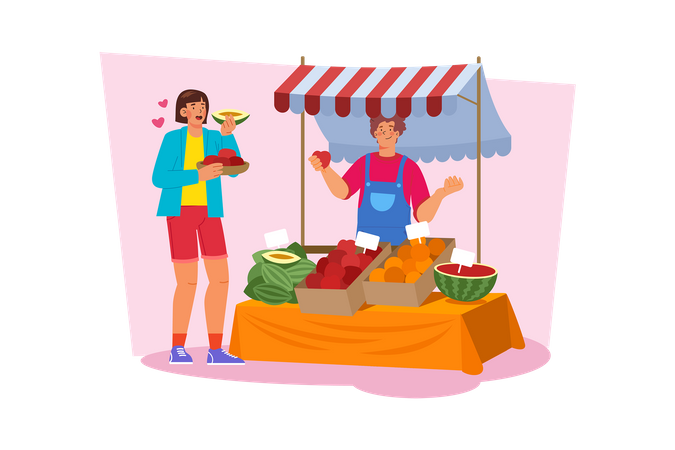 Young woman trying different local foods to find local specialties  Illustration