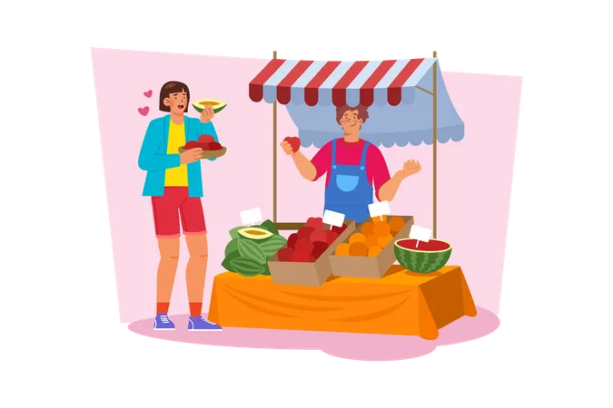Young woman trying different local foods to find local specialties  Illustration