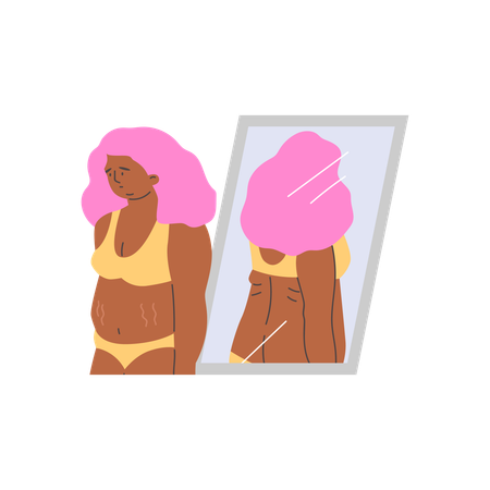 太りすぎの女性を見ながら鏡から目をそらした若い女性  イラスト