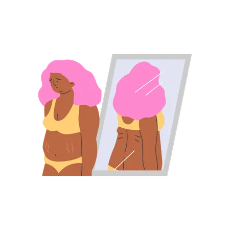 太りすぎの女性を見ながら鏡から目をそらした若い女性  イラスト