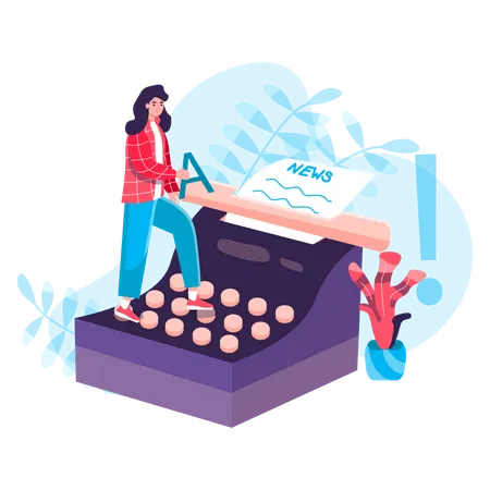 Young woman typing news in typewriter  Illustration