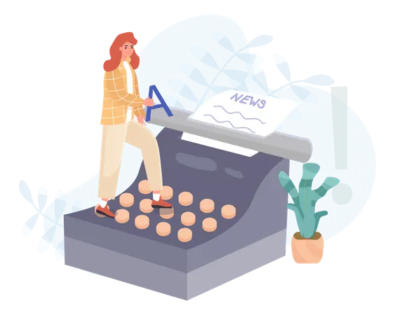 Young woman typing news in typewriter  Illustration