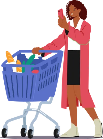 Young Woman Use Cellular while doing Shopping in Supermarket  Illustration