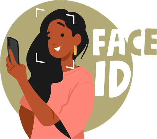 Young woman using face ID mobile application for verifying and unlocking smart device to access  Illustration