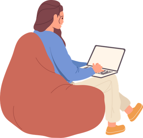 Young woman using laptop computer sitting on soft bag  일러스트레이션