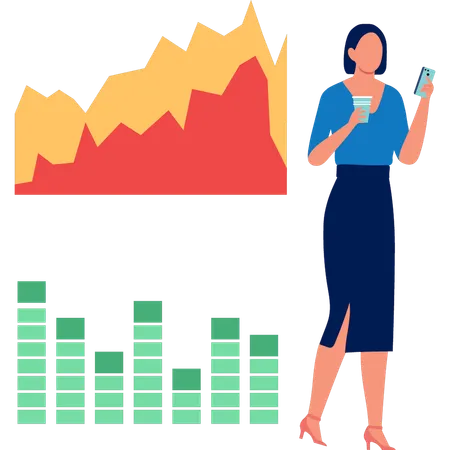 Young woman using mobile doing financial analysis  Illustration