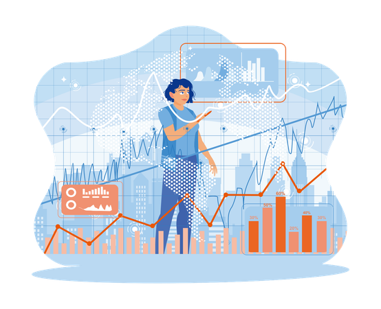 Young woman using stock market trading chart chart on screen  Illustration