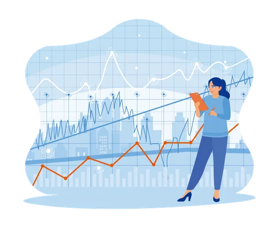 Young Woman Using Tablet With Forex Chart Interface  Illustration