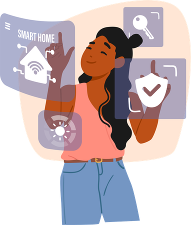 Young woman using virtual panel with variety of smart home remote control services  Illustration