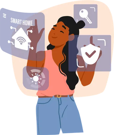 Young woman using virtual panel with variety of smart home remote control services  Illustration