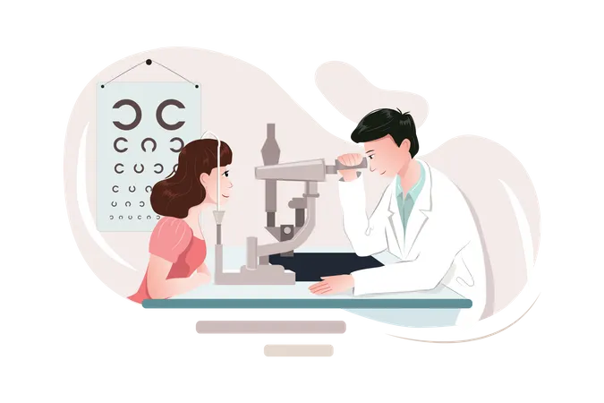Young woman visiting optometrist doctor for eye checking  Illustration