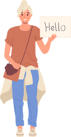 Young woman waiting for someone meeting guests holding hello banner in hand  Illustration