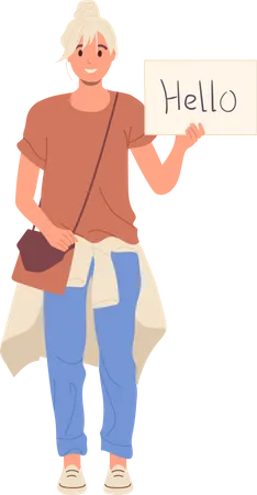 Young woman waiting for someone meeting guests holding hello banner in hand  Illustration