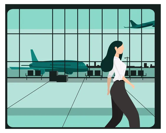 Young woman walking at airport  Illustration