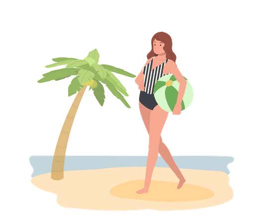 Young Woman Walking On The Beach With A Beach Ball  Illustration