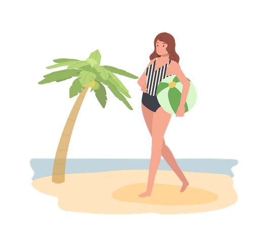 Young Woman Walking On The Beach With A Beach Ball Illustration