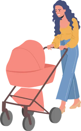 Young Woman Walking With Carriage Mom And Baby In Pram On Walk Mother Walking With Kid In Stroller Family Characters Promenade Isolated On White Background Cartoon People Vector Illustration Illustration