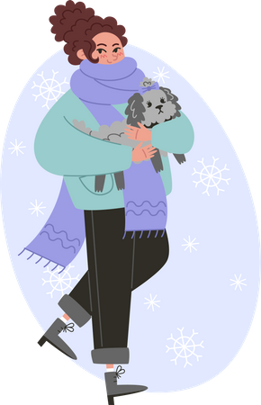 Young woman walking with curly dog winter  Illustration