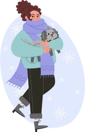 Young Woman Walking With A Small Curly Dog In Winter Illustration