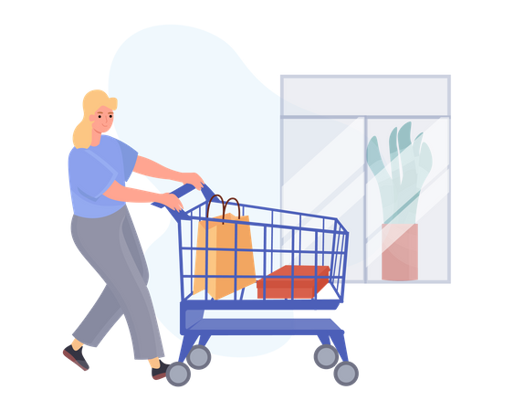 Young woman walking with shopping trolley in mall Illustration