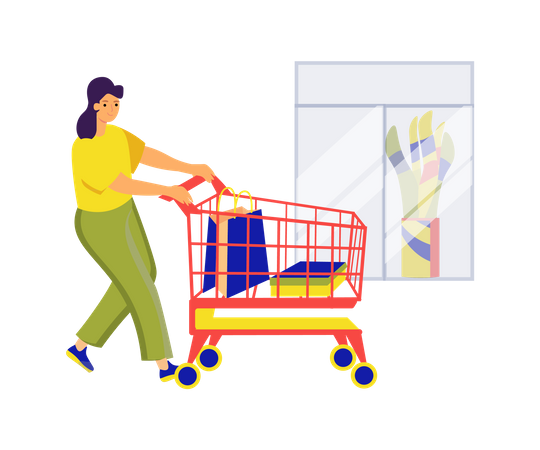 Young woman walking with shopping trolley in mall  Illustration