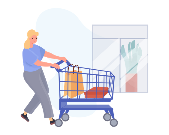 Young woman walking with shopping trolley in mall  Illustration