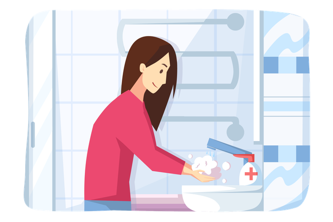 Young woman washing hands with soap and sanitizer from covid19 infection  일러스트레이션