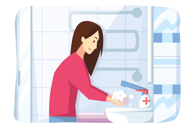 Young woman washing hands with soap and sanitizer from covid19 infection  일러스트레이션