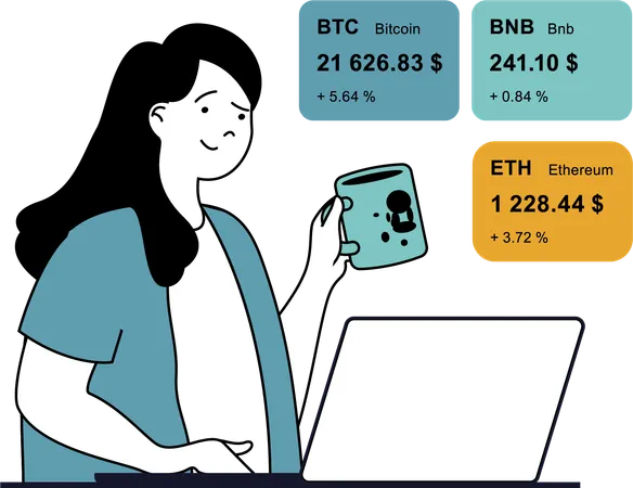 Young woman watching stock market token  Illustration