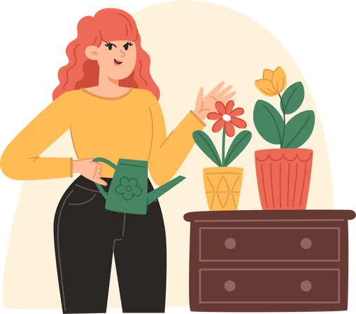 Young woman watering potted flowers  Illustration