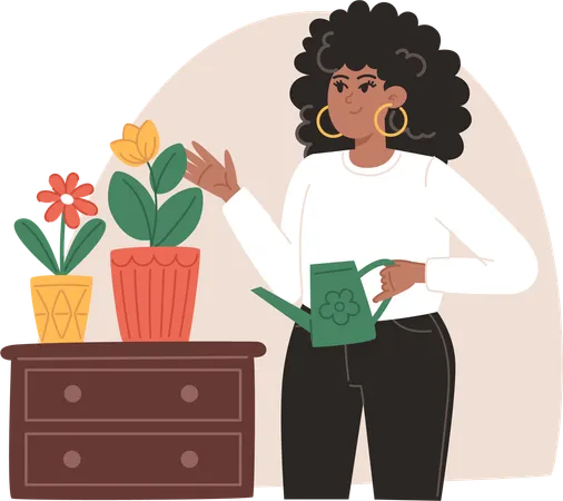 Young woman watering potted flowers  Illustration