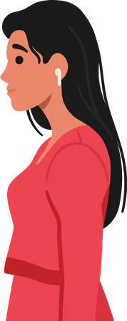 Young Woman Character In Red Dress With Sleek Black Hair Stands In Profile Her Earbuds In Encapsulating A Moment Of Modern Connectivity And Style Cartoon People Vector Illustration Illustration