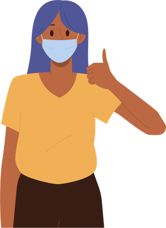 Young woman wearing medical facial mask respirator gesturing thumbs up  일러스트레이션
